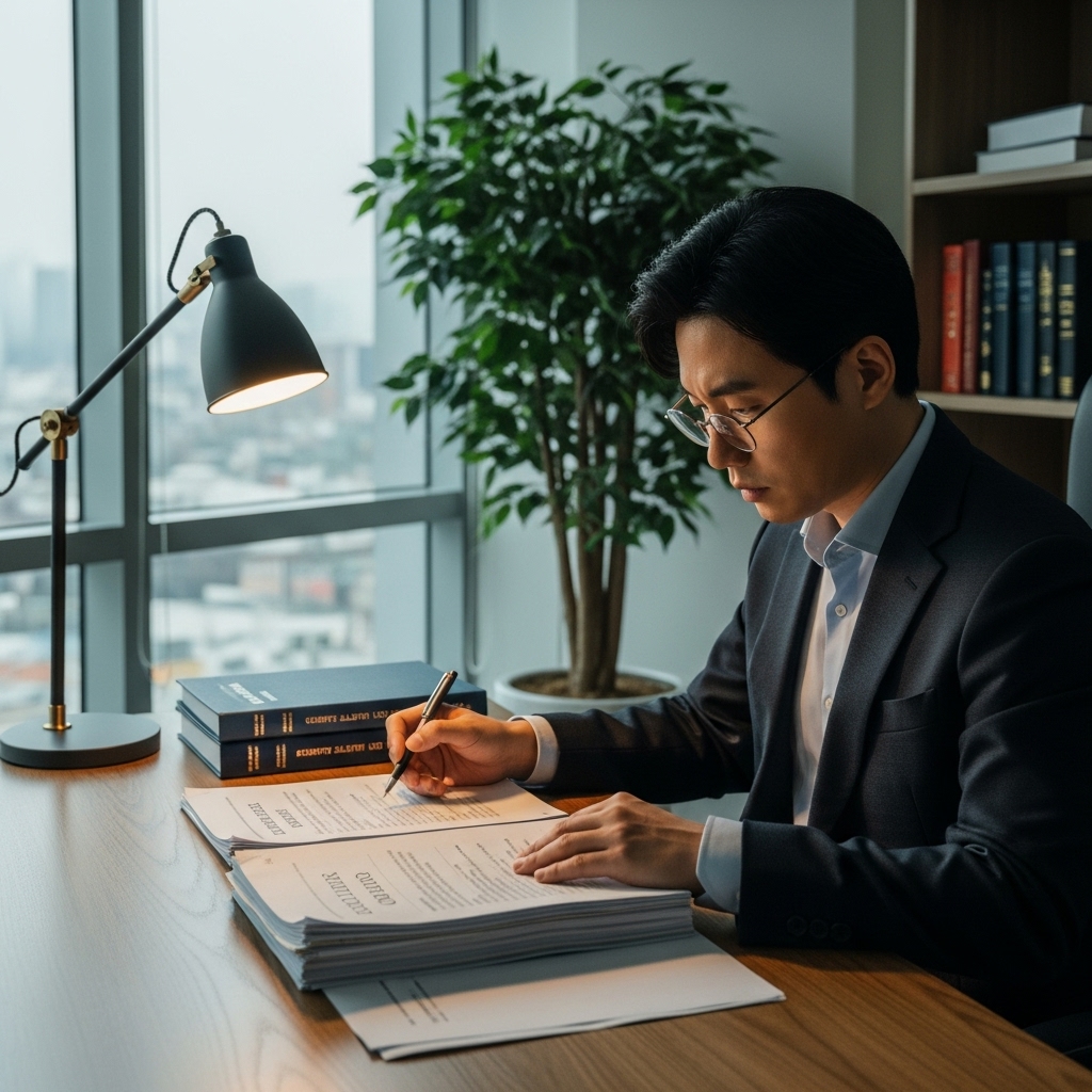 소송 판결 전에 재산 문제로 서류를 검토하며 고민하는 모습