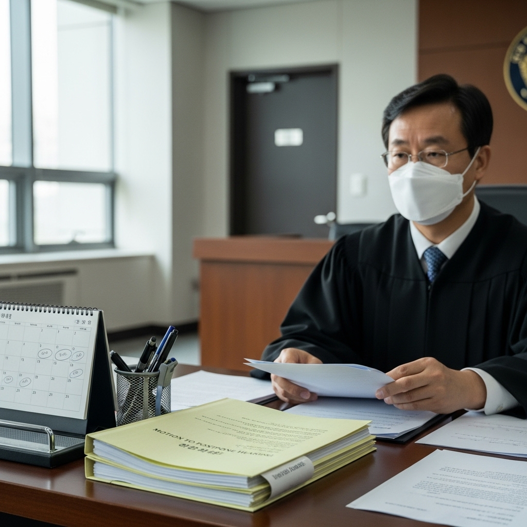 형사재판 기일연기 신청서를 검토하고 있는 법원 재판부 직원