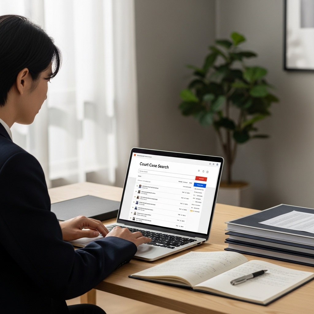 노트북으로 서울중앙지방법원 사건번호를 조회하고 있는 모습