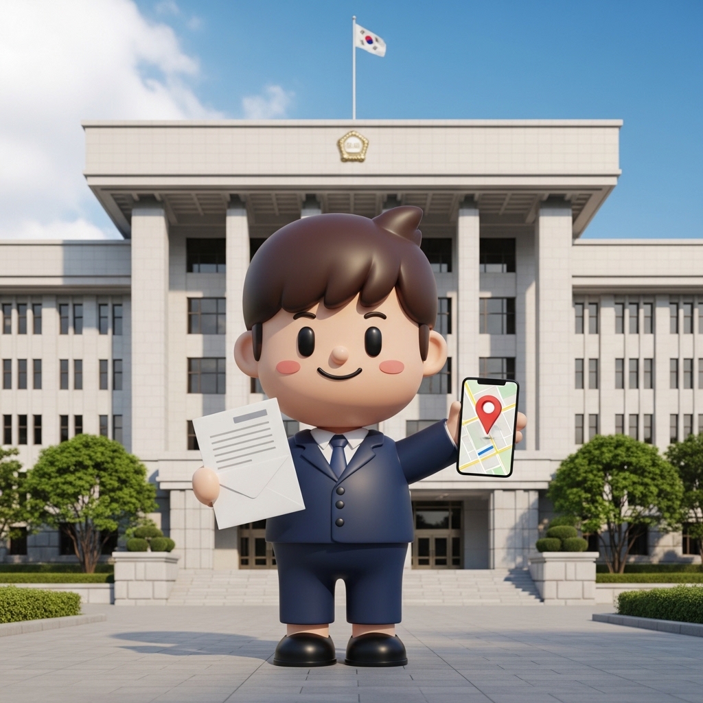 서류를 들고 스마트폰으로 서울 법원 위치를 확인하는 모습