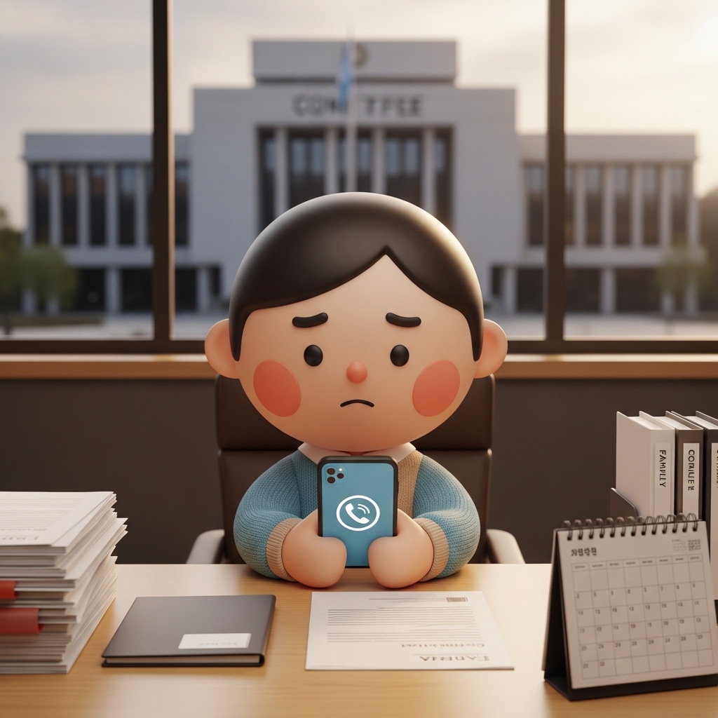 가정법원 무료 상담을 위해 서류를 정리하며 전화 상담을 준비하는 장면