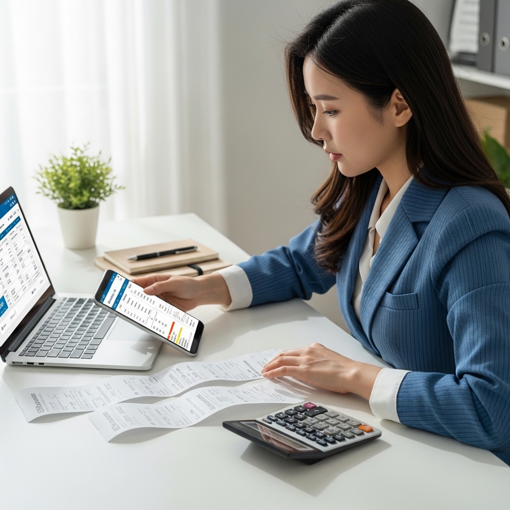 책상에서 여성이 리셀 거래 영수증과 판매 내역을 비교하며 세금 기준을 계산하는 모습