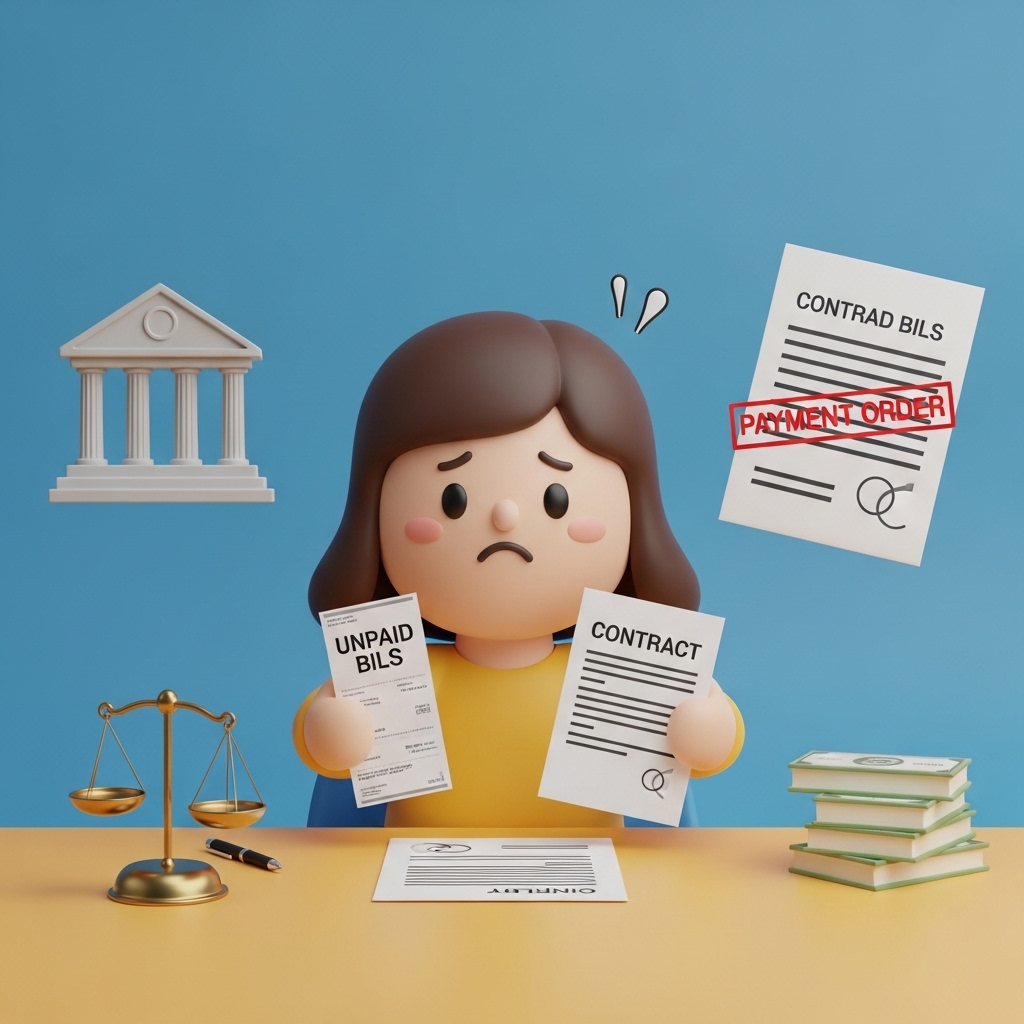 미지급 금액 서류를 들고 법원 지급명령을 고민하는 모습