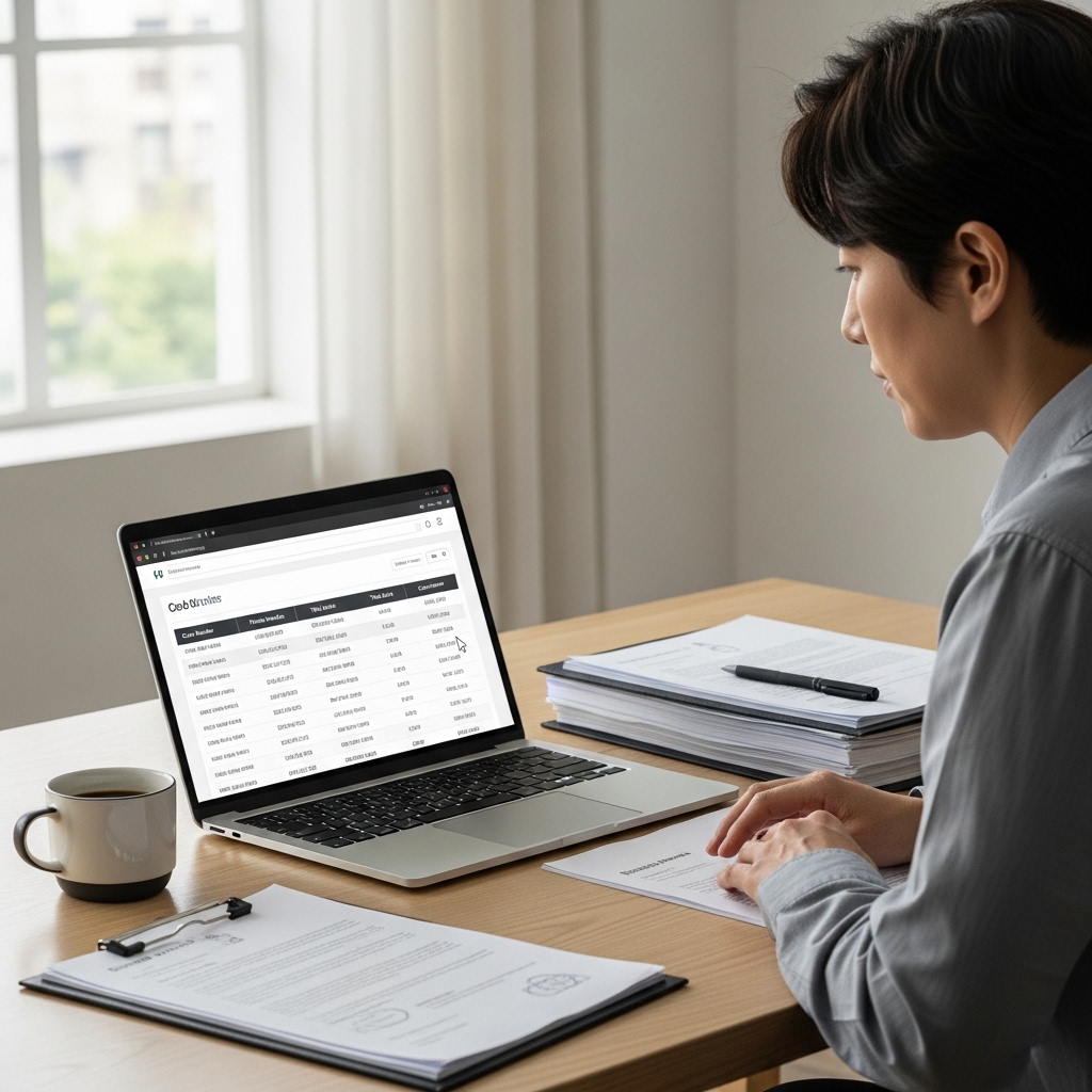 노트북으로 법원 재판 일정을 인터넷에서 확인하고 있는 모습