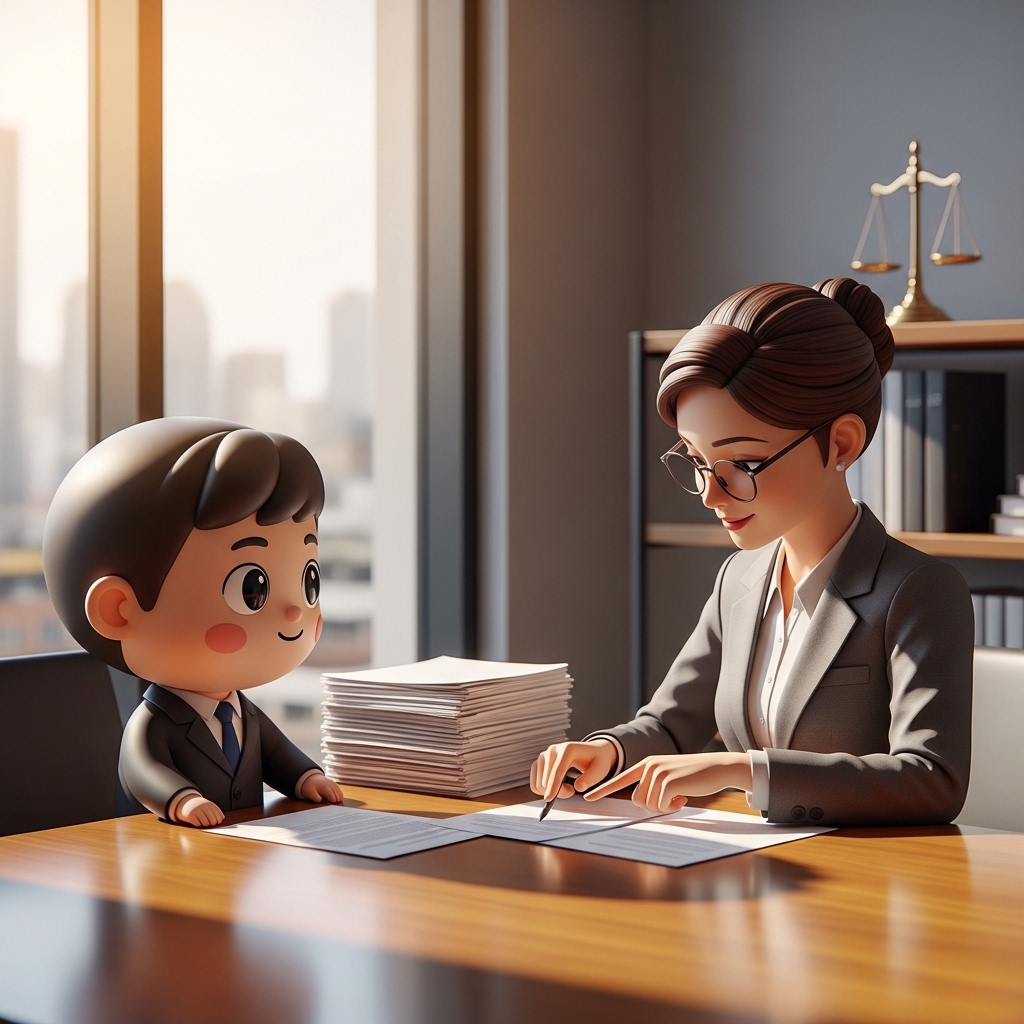 법률 상담 테이블에서 변호사와 서류를 검토하는 모습