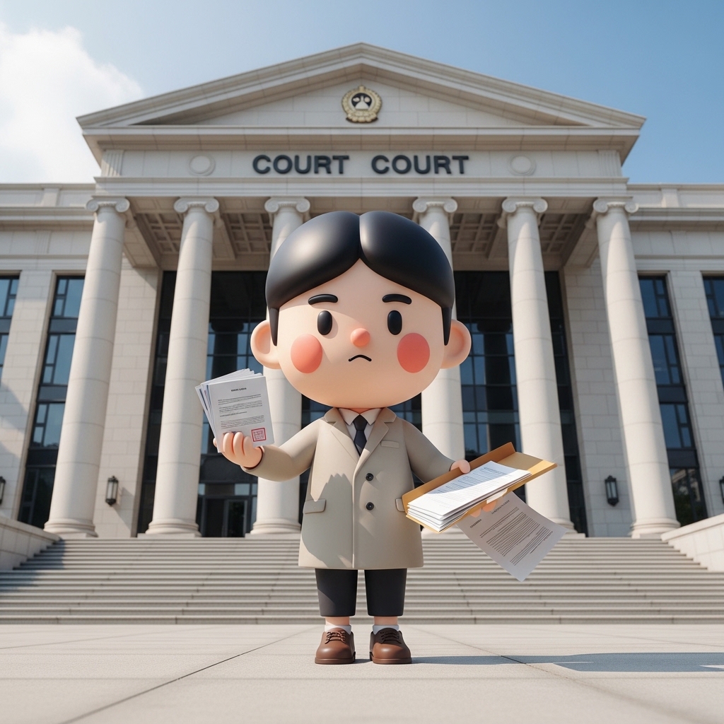 법원 앞에서 이혼 서류를 들고 있는 모습