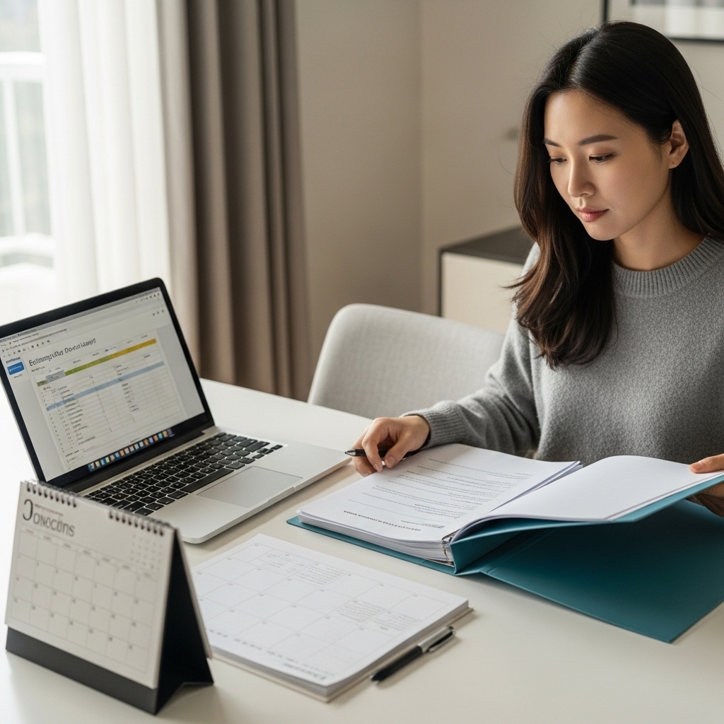 집에서 여성이 이혼 소송 기간을 확인하며 서류와 달력을 함께 살펴보는 장면