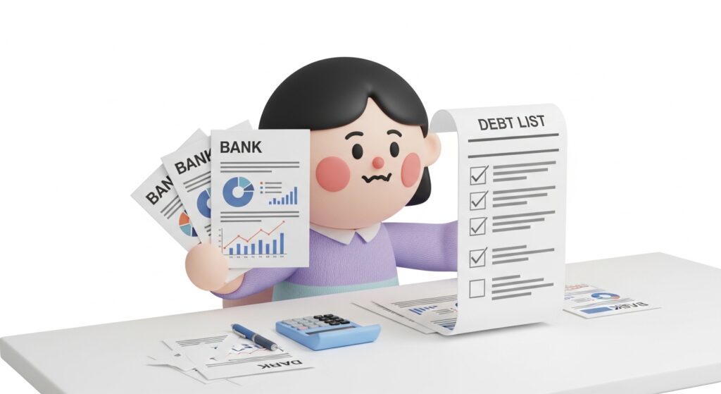 여러 금융기관 서류를 확인하며 부채증명원을 준비하는 모습