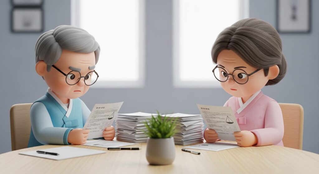 노년 부부가 이혼 서류와 재산 문서를 검토하는 장면