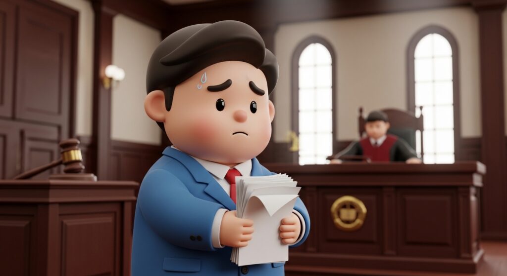 재판 일정 때문에 고민하며 서류를 들고 있는 모습