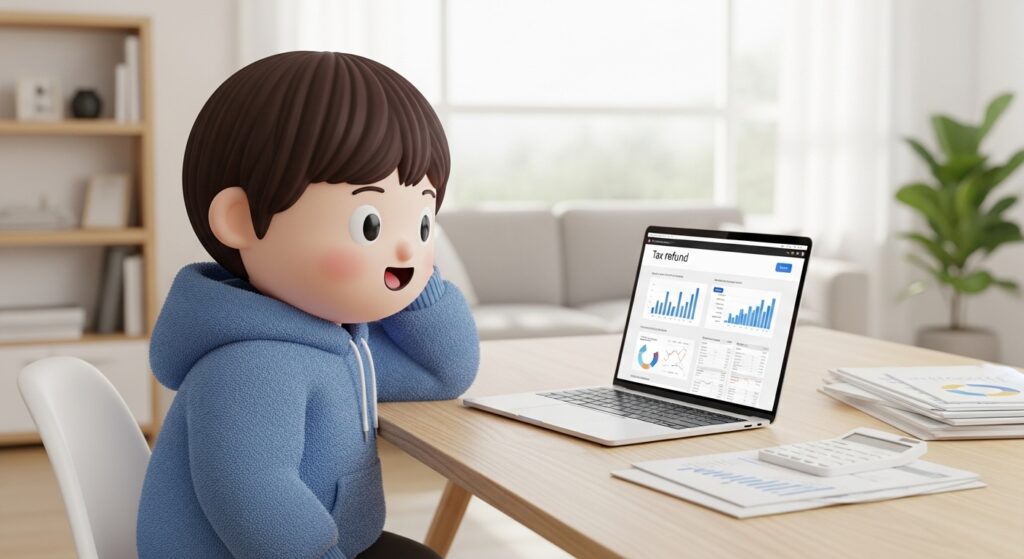 노트북으로 연말정산 환급금을 확인하는 모습