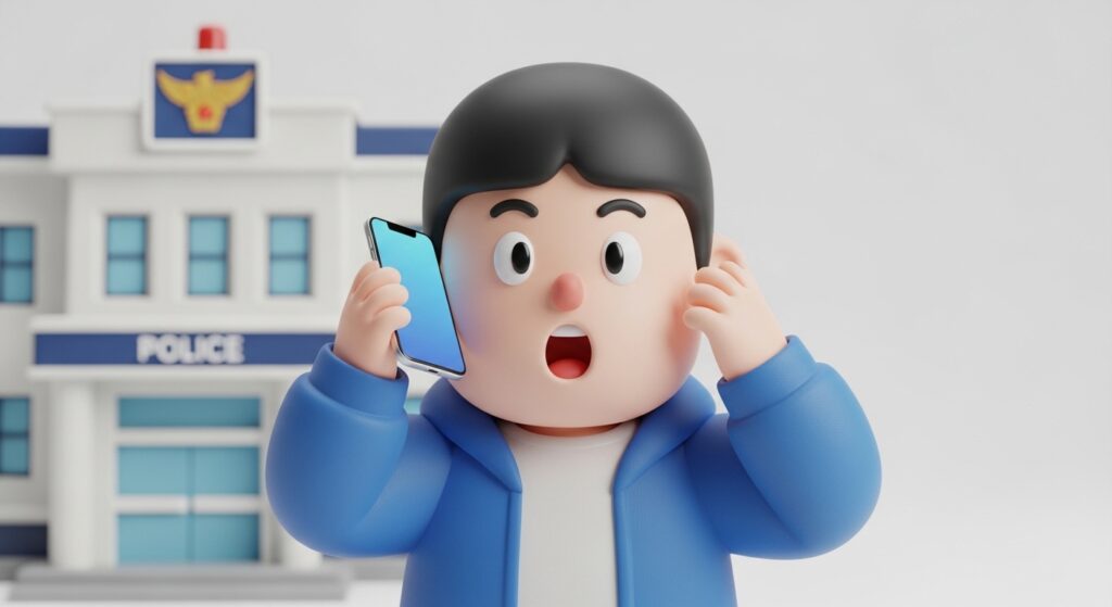 스마트폰으로 경찰서에서 온 전화를 받고 놀라는 상황의 캐릭터 이미지