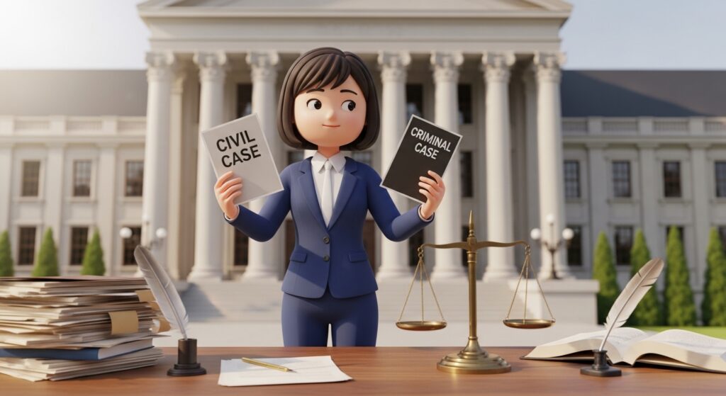 민사 재판과 형사 재판 차이를 비교하며 서류를 살펴보는 장면