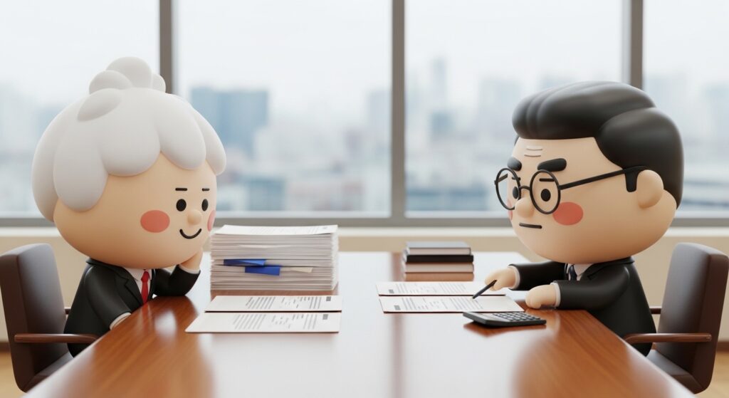 변호사 사무실에서 법률 상담을 진행하며 비용을 확인하는 장면