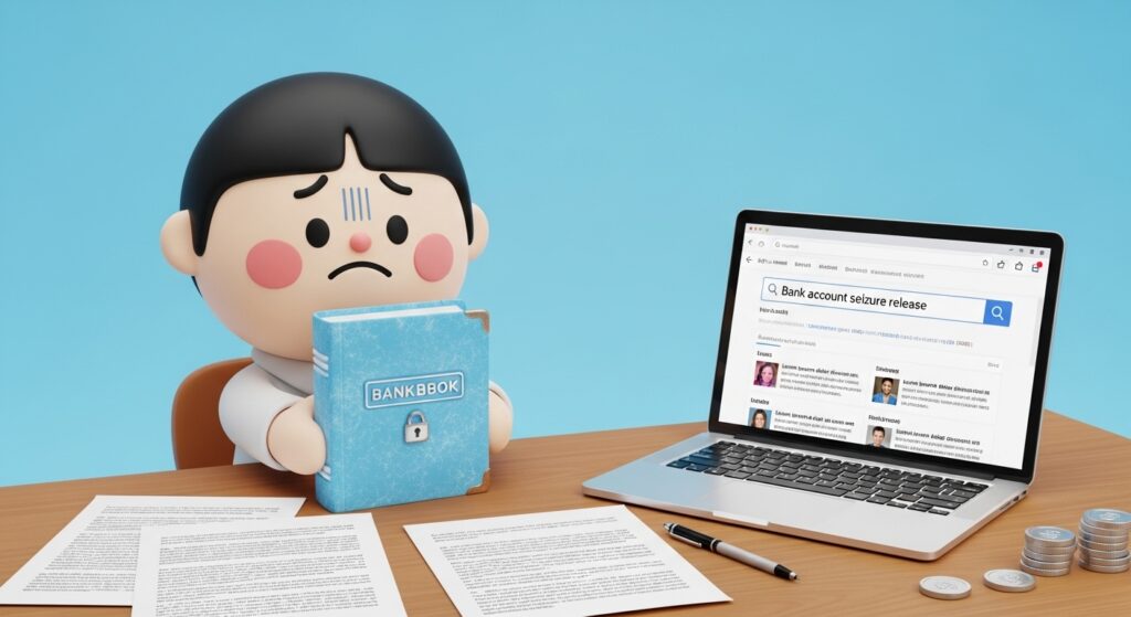 압류된 통장을 보고 해결 방법을 검색하는 장면