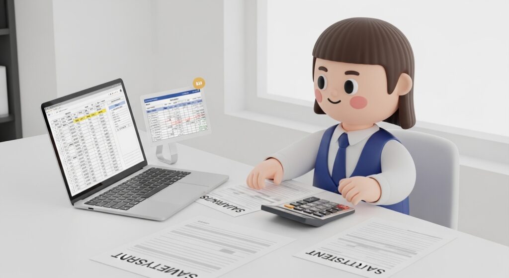 월급 명세서를 보며 소득세 계산을 확인하는 직장인 모습