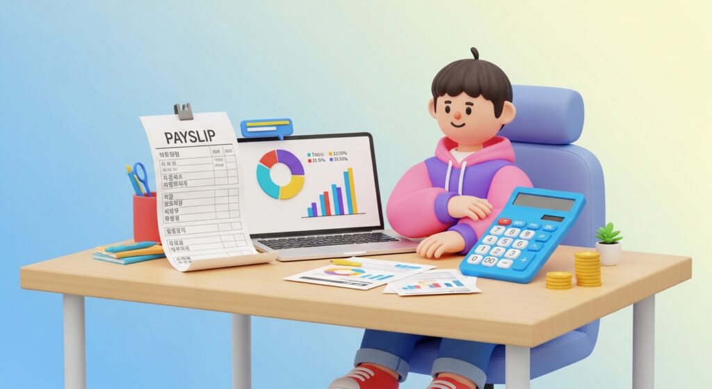 월급 명세서를 보며 세금 계산을 확인하는 장면