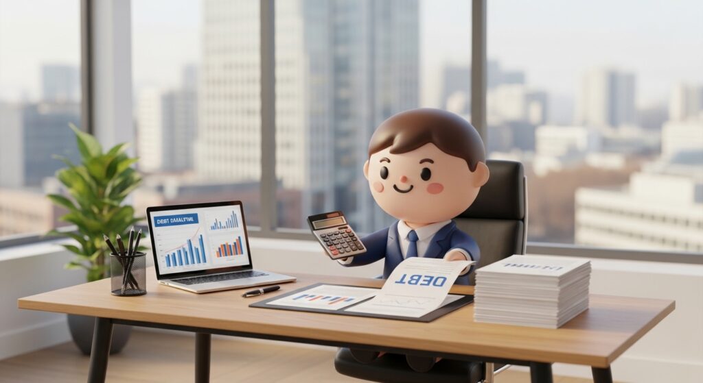 채무 서류와 계산기를 보며 개인회생 상담을 받고 있는 장면