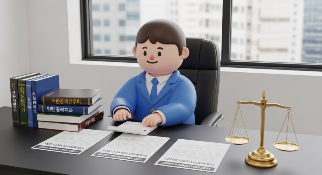 변호사 상담 비용을 계산하며 서류를 확인하는 장면