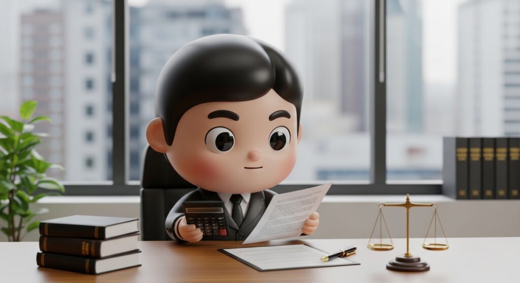 변호사 상담 비용을 계산하며 서류를 확인하는 장면