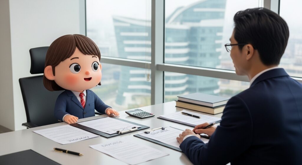 변호사 사무실에서 이혼 상담 비용을 상담하는 장면