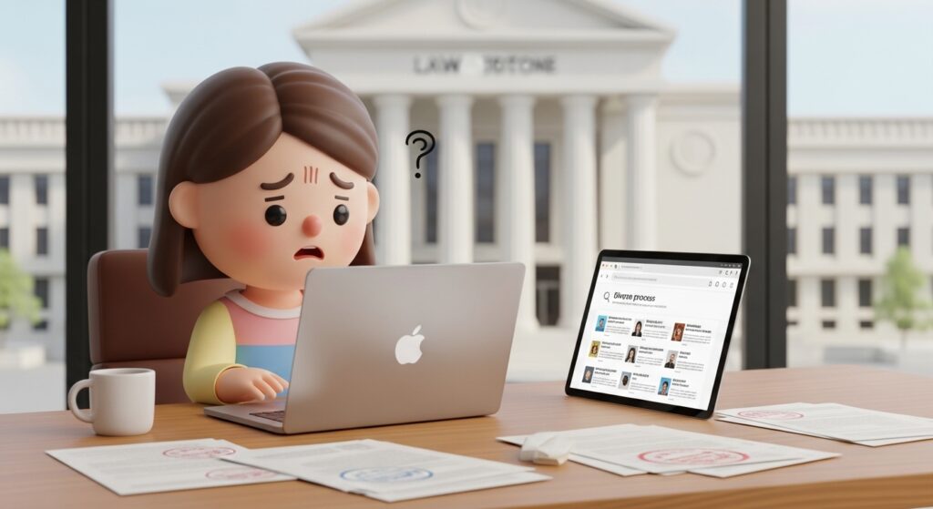 온라인으로 이혼 신청 가능 여부를 검색하며 고민하는 장면