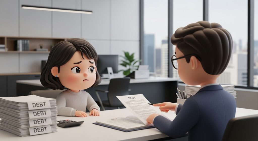 채무 서류와 계산기를 보며 파산 상담을 받고 있는 장면