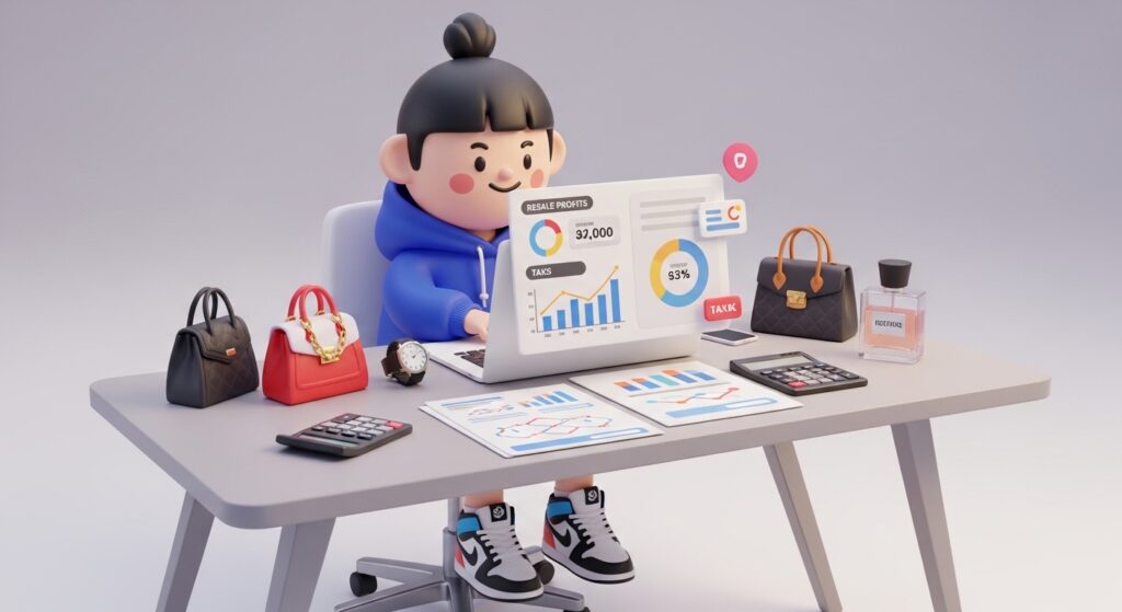 리셀 상품과 계산기를 두고 세금 신고를 확인하는 장면