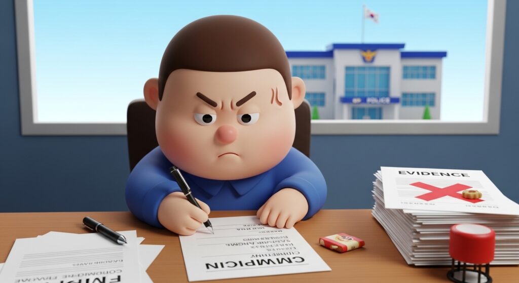 경찰서에 제출할 고소장을 작성하며 자료를 확인하는 장면