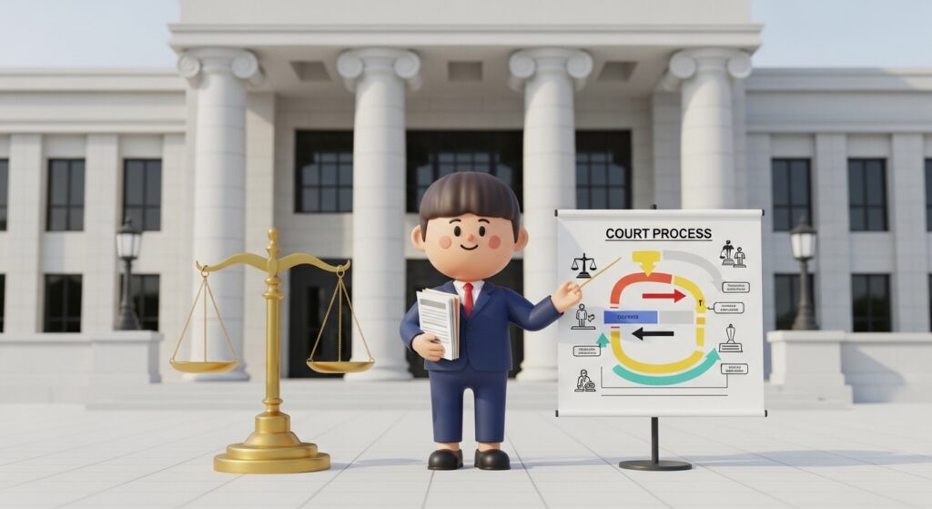 법원 앞에서 민사 재판 절차를 확인하고 있는 장면