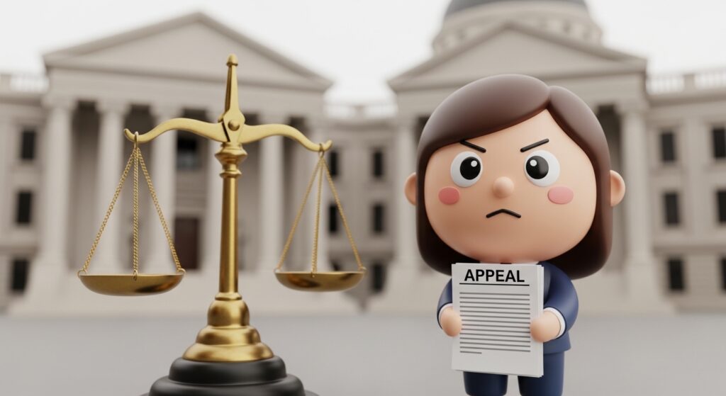 항소 서류를 들고 법원 앞에서 절차를 확인하는 장면