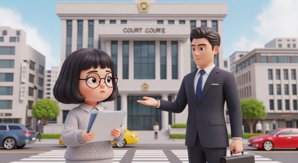 법원 근처에서 전문 변호사와 상담하는 장면