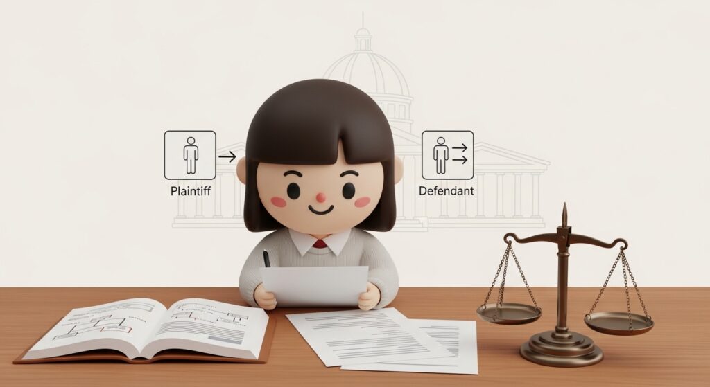 법원에서 서류를 보며 저울 모형을 들고 있는 캐릭터 모습