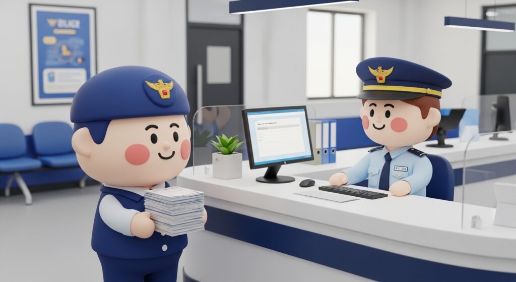 경찰서 민원실에서 고소장 접수 상담을 하는 장면