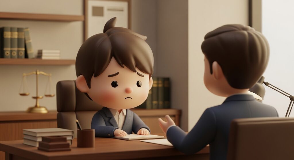 변호사와 상담을 진행하는 귀여운 3D 캐릭터 장면