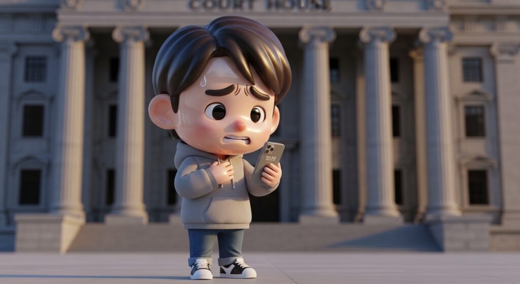 법원 방문 시간을 확인하며 고민하는 귀여운 3D 캐릭터 장면
