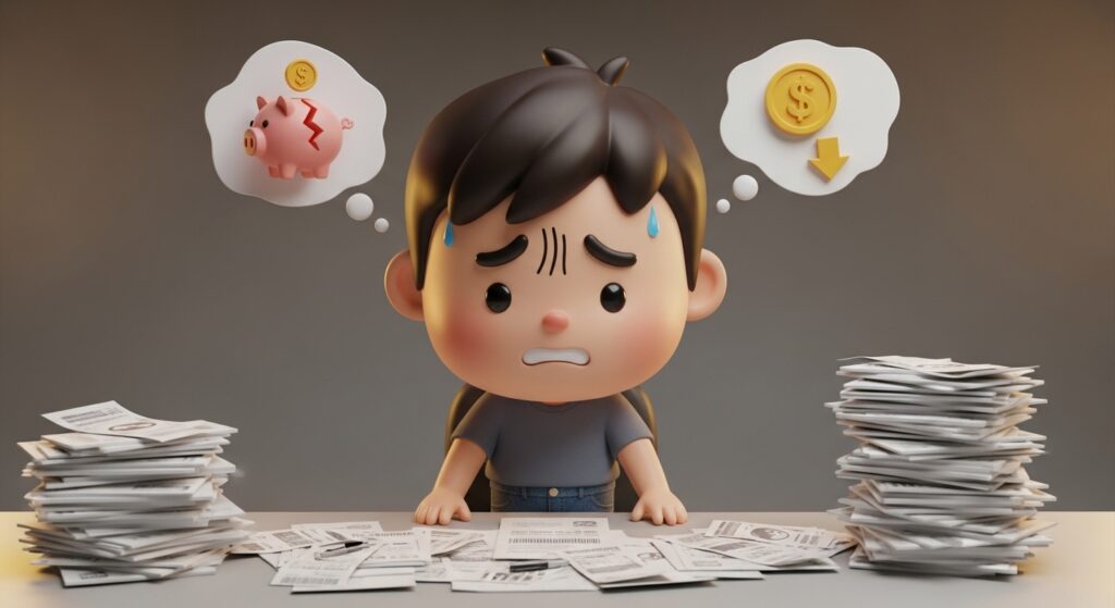 청구서와 서류를 보며 고민하는 귀여운 3D 캐릭터 장면