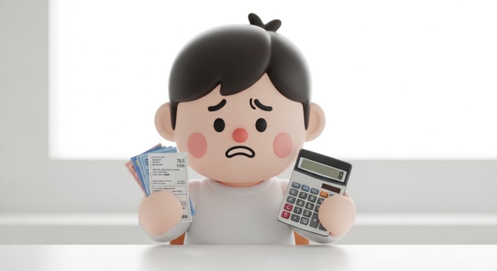 연체된 카드 청구서를 들고 계산기를 보는 모습