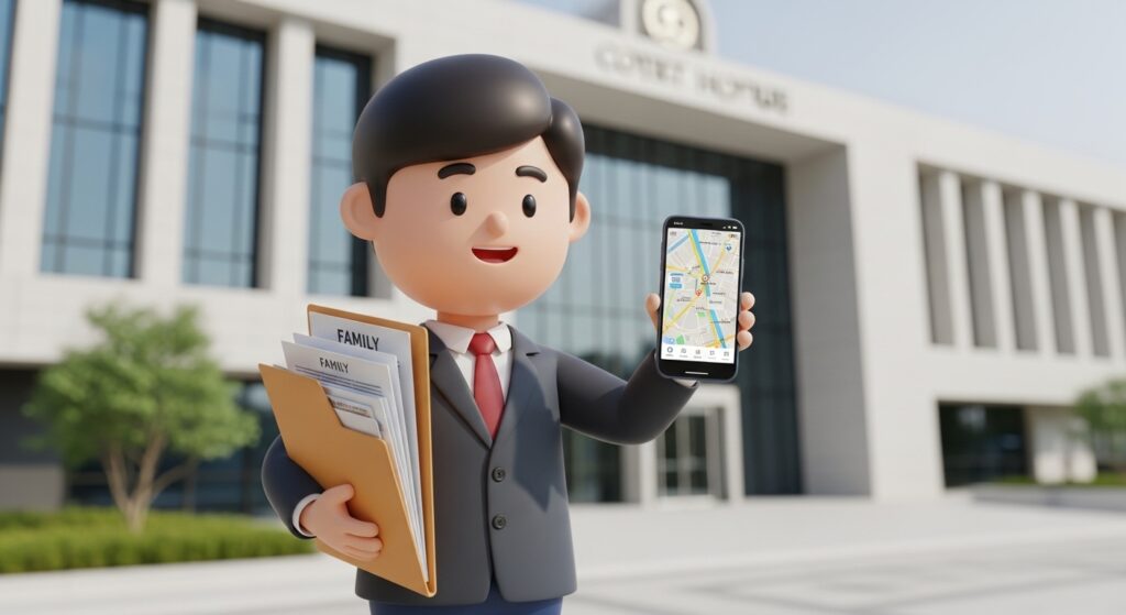 스마트폰 지도에서 가정법원 위치를 확인하며 서류를 들고 있는 모습