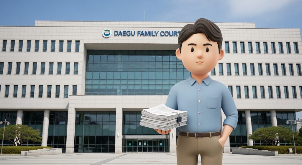 법원 건물 앞에서 서류를 들고 있는 모습