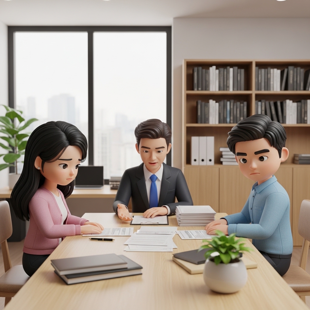 이혼 상담을 위해 변호사와 대화하는 장면