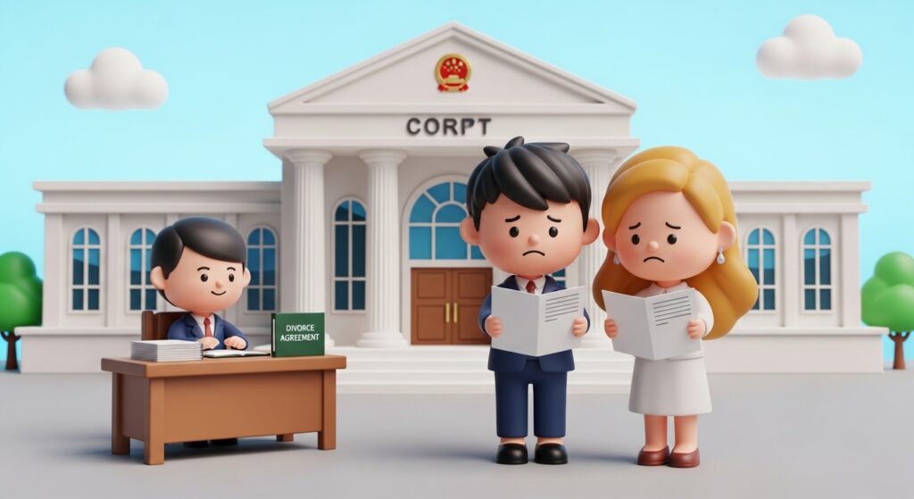 이혼 서류를 확인하며 절차를 알아보고 있는 장면 ai생성