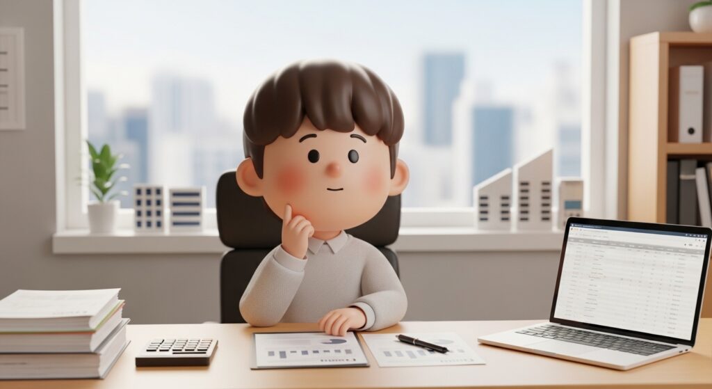 책상에서 채무 서류를 정리하며 고민하는 모습