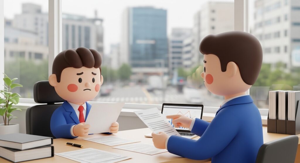 대구 동성로에서 개인회생 상담을 받으며 서류를 검토하는 모습