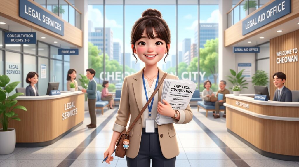시청 상담실에서 무료 법률 상담을 받고 서류를 확인하는 모습