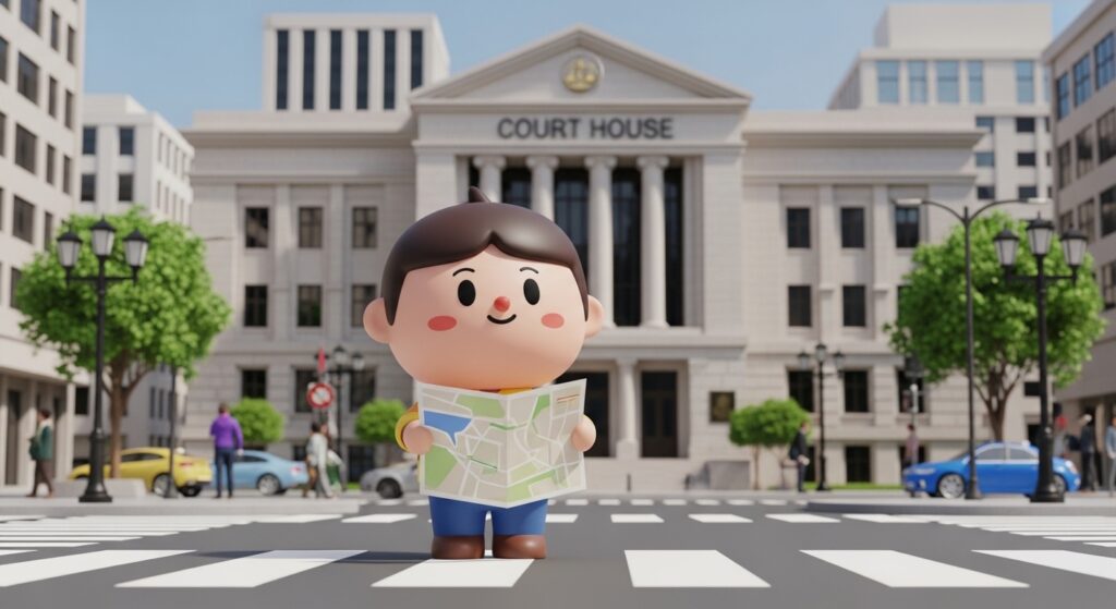 법원 주변에서 법률사무실 위치를 찾고 있는 모습