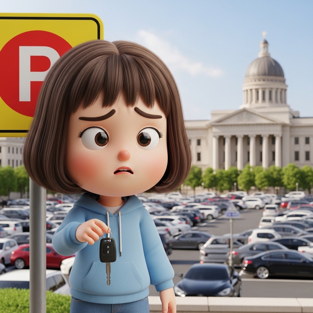 법원 주차장 앞에서 주차 자리를 찾고 있는 모습