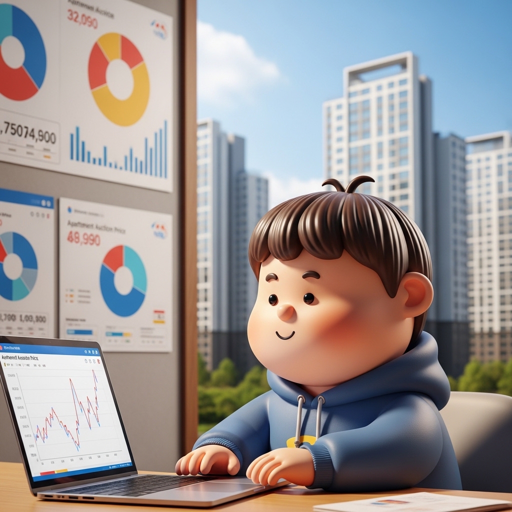 노트북으로 아파트 경매 낙찰가를 조회하고 있는 장면