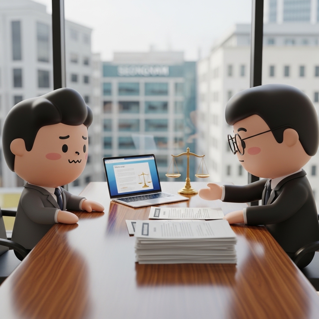 변호사와 상담하며 서류를 검토하는 장면