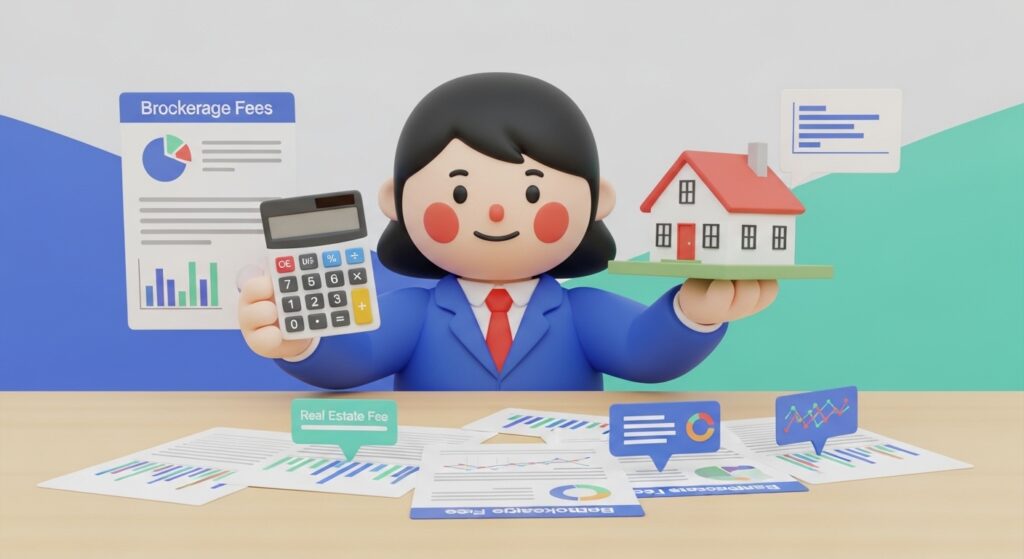 집 모형과 계산기를 보며 부동산 중개수수료를 계산하는 장면